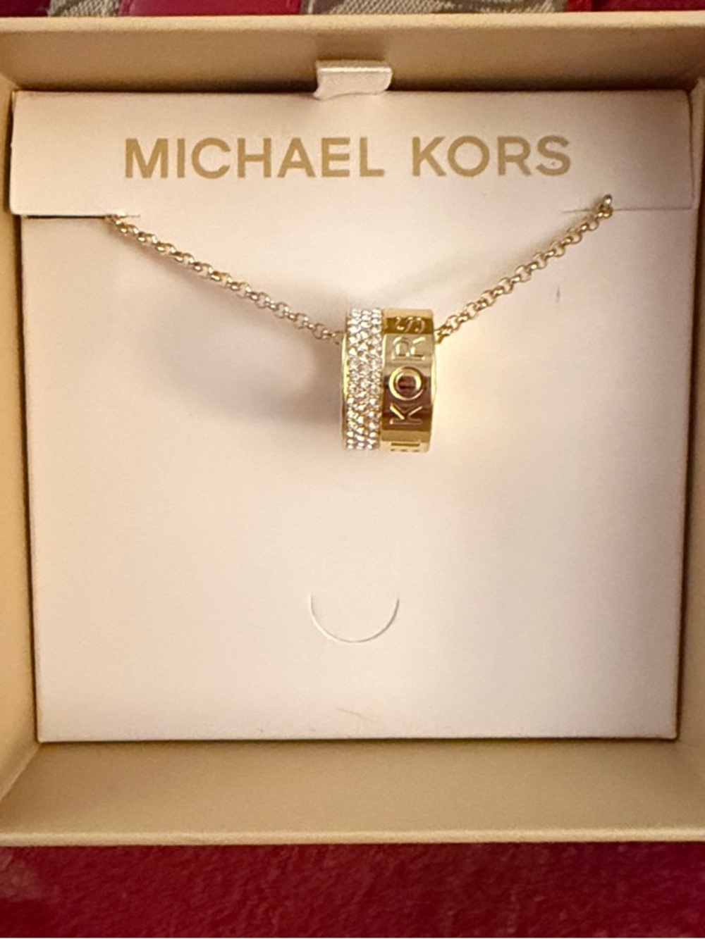 MICHAEL KORS Gold Logo Ring Pendant Necklace with Crystal Accent NWT